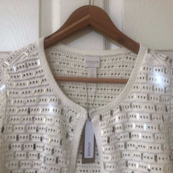 NWT Chico’s White and Silver Sequin Sammie 3/4 Sleeves Cardigan M - Picture 5 of 10